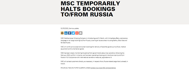 Transporte marítimo para a Rússia interrompido