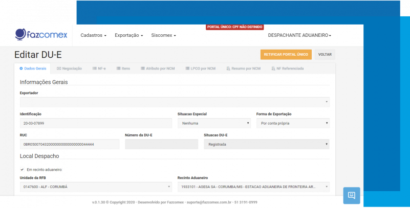 “Informações Complementares” da DU-E